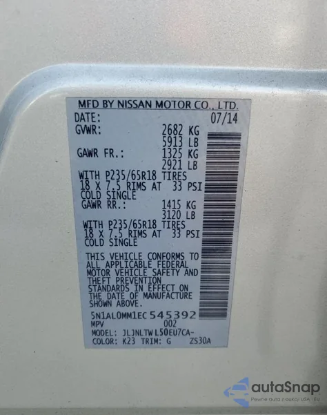 2014 Infiniti Qx60 z USA, uszkodzony, nr VIN 5N1AL0MM1EC545392